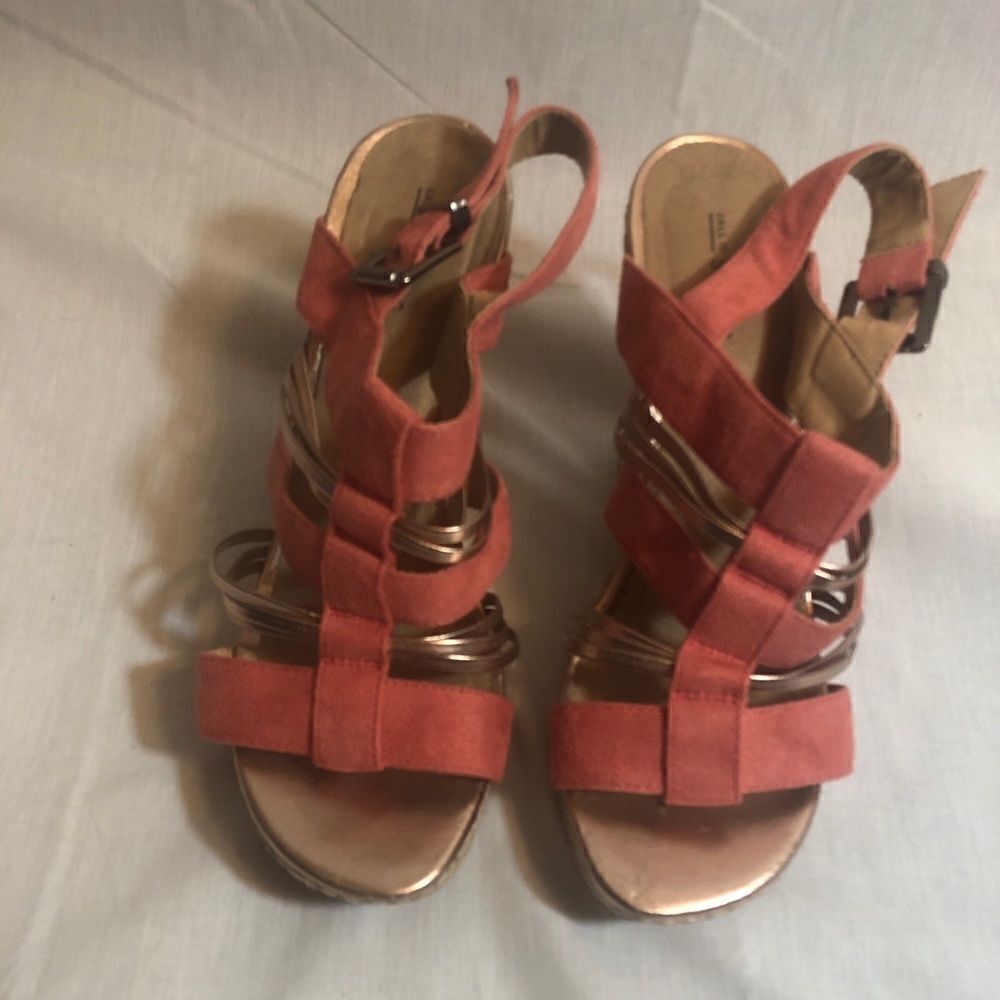 Call it Spring Faux Suede and Gold strappy  Wedge platform Slip on Sandals.